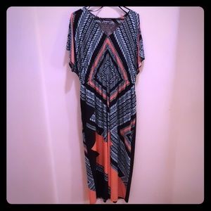 Teal and coral geometric maxi dress.